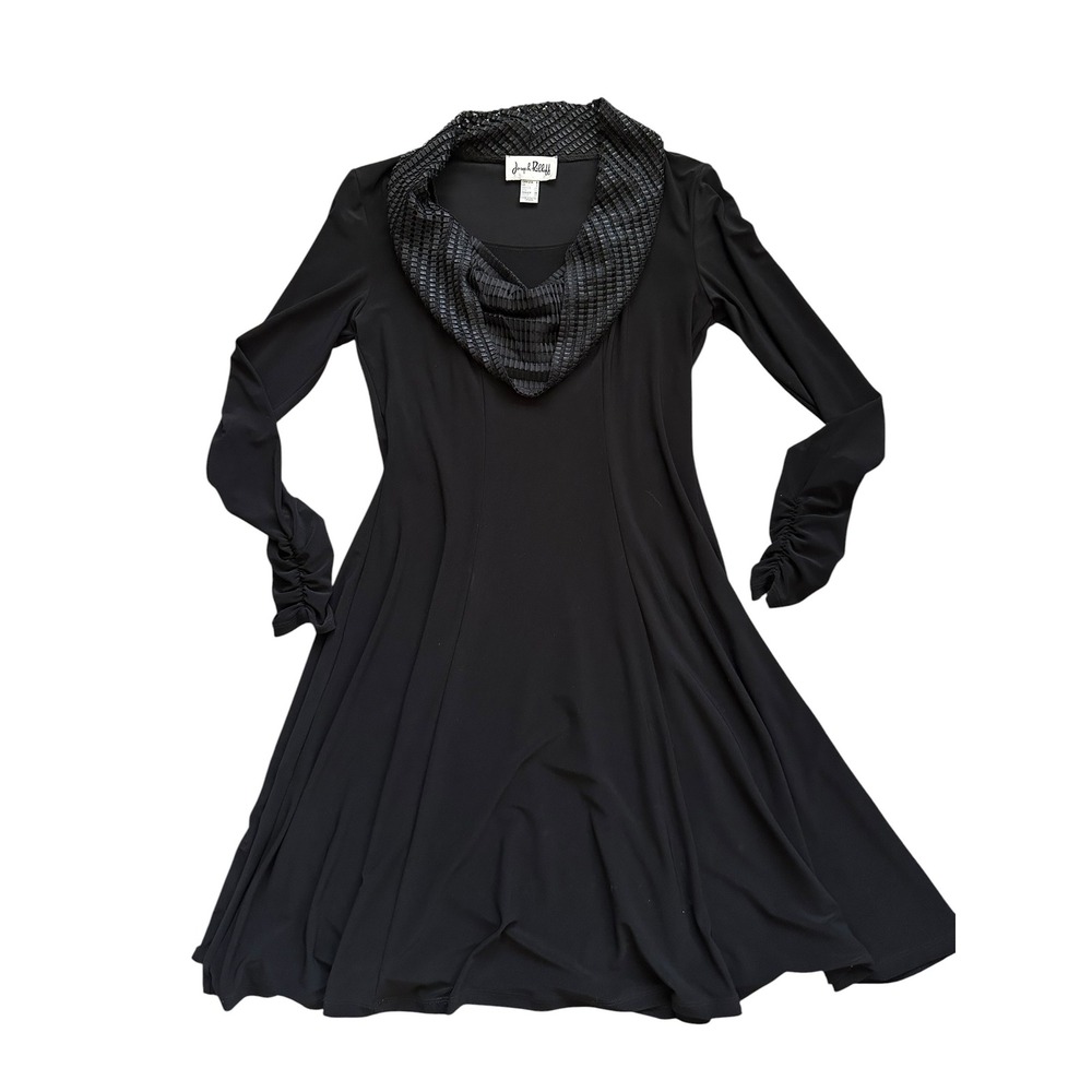 Minimalist Joseph Ribkoff Textured Cowl Neck Ruched Sleeve Dress 6 Black